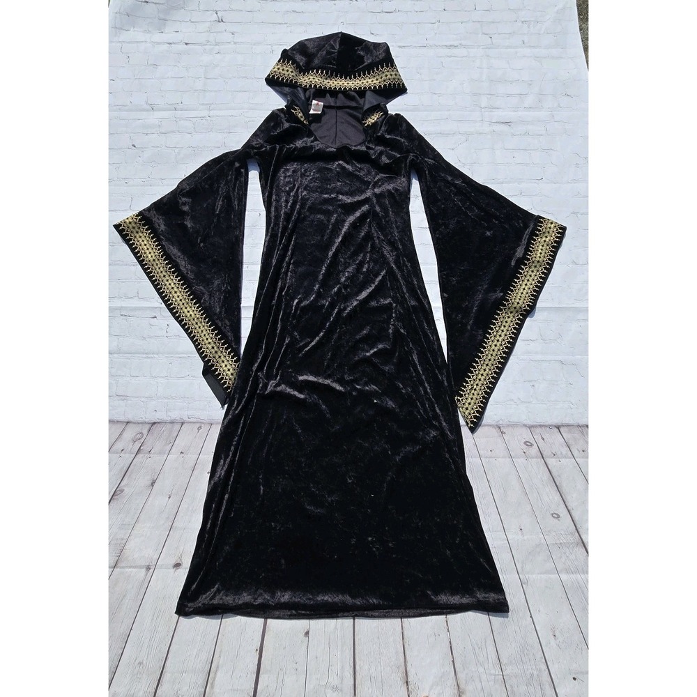 Rubies Black Crush Velvet Hooded Dress Gold & Red Trim Medieval Gothic Cosplay L